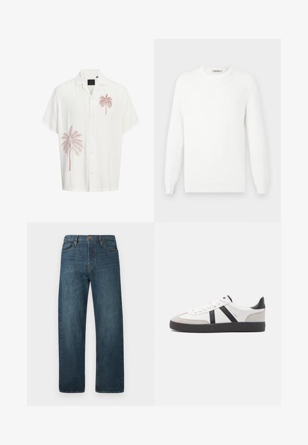 Pull en maille blanche avec un col rond et des poignets côtelés. La texture présente un motif subtilement rayé horizontalement.; Chemise blanche à manches courtes avec des boutons et deux motifs de palmiers brun clair, l’un sur la poitrine et l’autre près de la taille.; Jeans en denim droit bleu marine avec cinq poches, fermeture à bouton et passants de ceinture sur fond blanc uni.; Baskets blanches avec des accents noirs et gris, présentant un embout texturé gris, une semelle en caoutchouc noir et des lacets plats blancs. Design épuré, style minimaliste.