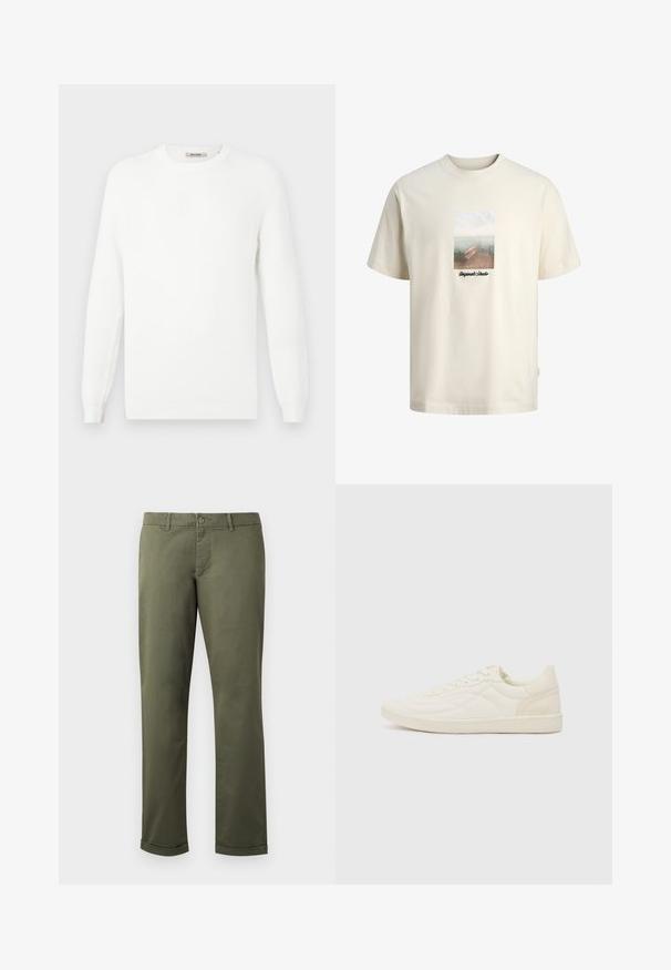 Pull en maille blanche avec un col rond et des poignets côtelés. La texture présente un motif subtilement rayé horizontalement.; T-shirt couleur crème avec un graphisme d'un quai en bois surplombant une eau calme et le texte « Originals Studio » sous l'image.; Pantalons en coton vert olive avec une coupe droite, ourlets retroussés, poches avant et fermeture à bouton. Texture lisse avec des détails de couture subtils.; ALDO THEPITCH - Baskets basses - white