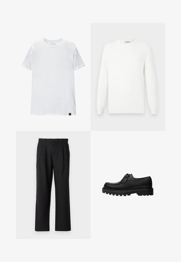 Hvid strikket sweater med rund halsudskæring og ribbede ærmeender. Teksturen har en subtil mønstring med horisontale striber.; Hvid muskeltilpasset t-shirt lavet af bomuld. Rund hals, korte ærmer, glat tekstur. Lille sort logo-tag nederst. Enkelt design.; Jack & Jones Classic Wide Leg Fit - Bukser - black; Sort læder snøresko med tyk, robust sål og detaljerede syninger på oversiden, designet til formelt eller afslappet brug.