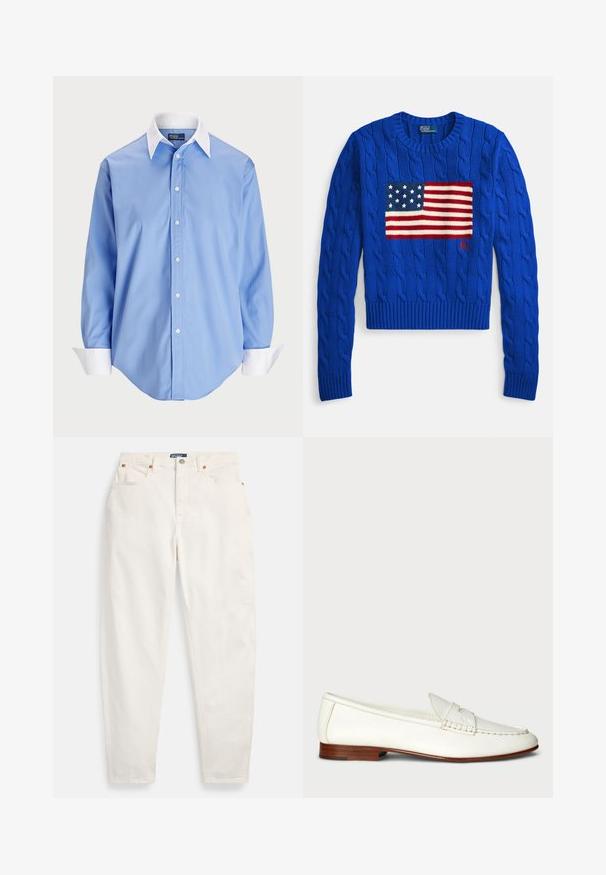 Blå strikket sweater med kabelmønster og et strikket amerikansk flagdesign. Ribstrikket rund hals og kant. Brandlogo syet nederst.; Lys blå skjorte med lange ærmer og en hvid kontrastkrave. Har en glat overflade og fem knapper foran.; Hvide høj-taljede jeans med lige ben, foran knap og lynlås, fem-lommer design og Polo mærkeetiket på linningen.; Hvide læder loafers med en struktureret overflade, rund tå og vævet detalje. Lavt træhæl og minimalistisk design.
