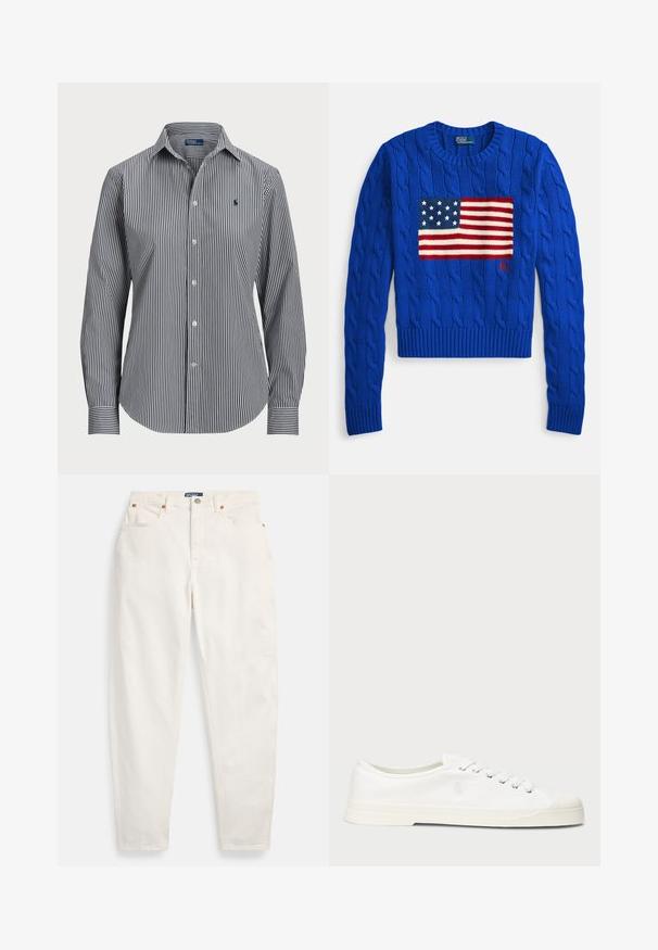 Suéter azul de punto con un patrón de trenzas, que presenta un diseño de la bandera americana tejido. Cuello redondo y dobladillo acanalados. Logo de la marca cosido en la parte inferior.; Camisa de botones a rayas con rayas verticales en azul marino y blanco, mangas largas, cuello puntiagudo y un pequeño logotipo en el pecho.; Vaqueros blancos de tiro alto y pierna recta con botón y cremallera delanteros, diseño de cinco bolsillos y etiqueta de la marca Polo en la cintura.; Zapatilla de lona blanca con puntera redonda, cierre de cordones y un discreto detalle de logo. Presenta una tela texturizada y suela de goma.