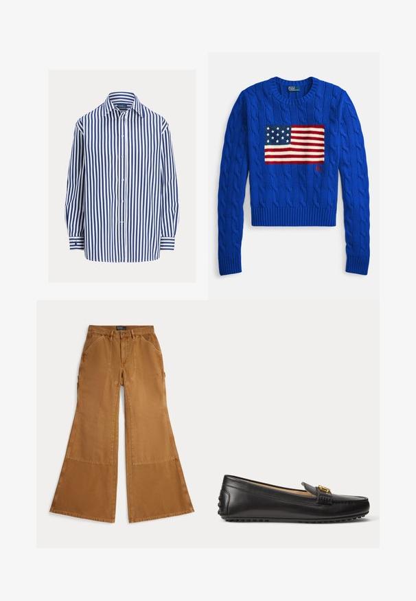 Blå strikket sweater med kabelmønster og et strikket amerikansk flagdesign. Ribstrikket rund hals og kant. Brandlogo syet nederst.; Blå og hvide stribede langærmede skjorte med slå-om knapper, enkeltlomme, blødt stof, afslappet pasform, manchetter med striber.; Brune viddebukser lavet af bomuld med lapdetaljer, knaplukning og skrå lommer foran. Glat tekstur, afslappet design.; Sort læderloafer med guldbeslag og gummisåle med nitter, vist fra siden på hvid baggrund.