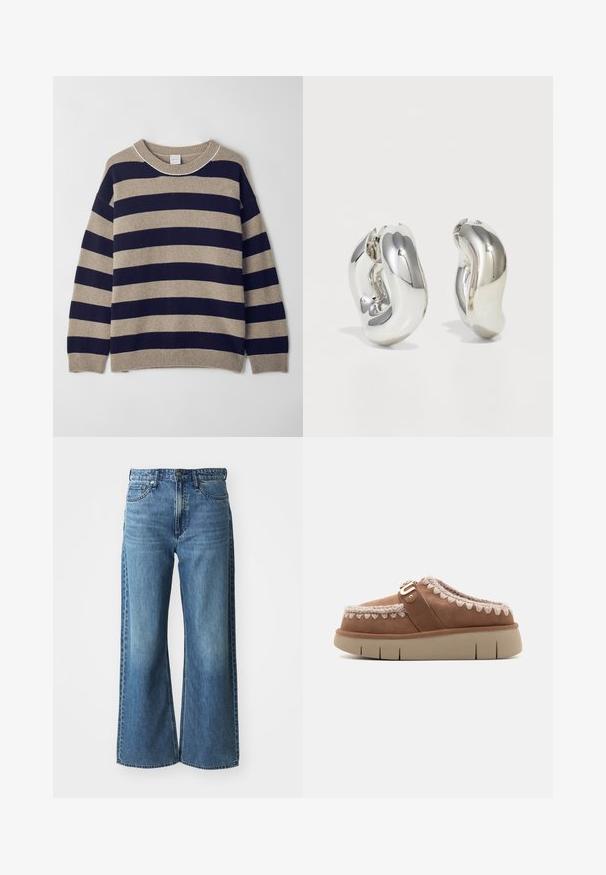Triibuline beez ja tumesinine kampsun, valmistatud pehmest materjalist. Omab ümmargust kaelaauku, langevaid õlavarre osi ja soonikkoes mansette ningääri.; Laiad sinised denim püksid keskmise kõrgusega vöökoht, viie taskuga ja peene kulumisega. Omadusteks on vöökohakonksud ja õmbluste detailid.; Pruun nubukist libistav king, millel on beež kummitald, kontrastsete põimitud detailidega peal ja dekoratiivne lukuelement.; Hõbedased skulpturaalsed kõrvarõngad, millel on siledad, kaarekujulised vormid ja peegeldavad pinnad. Omavad suletud rõnga disaini ja eristuvat orgaanilist kuju.