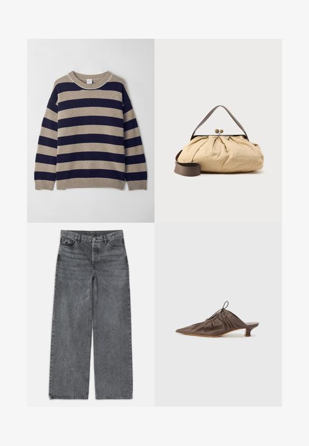Stribet sweater i beige og marineblå, lavet af blødt materiale. Har en rund hals, sænkede skuldre og ribbet manchetter og kant.; Bredde ben jeans i mørkegrå denim. Har høj talje, fem lomme design og forneden knaplukning. Glat tekstur med subtil fading.; Brun læder mule med spids tå, samlet tekstur, lille hæl og en snorede accent ved åbningen. Glat finish.; Beige stofpose med et samlet design, brunt læderhåndtag og to runde metal-lukninger øverst. Justerbar brun rem medfølger.