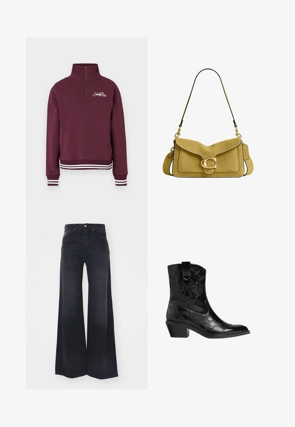 Bordeauxroter Pullover-Sweatshirt, hoher Kragen mit halbem Reißverschluss, weiß gestreifte gerippte Bündchen und Saum, mit einem Schriftzug-Logo auf der Brust.; Schwarze Jeans mit hoher Taille und weitem Bein, vorn mit Knopf und Reißverschluss sowie im Fünf-Taschen-Stil.; Schwarze Leder-Cowboy-Stiefel mit spitzer Zehenform, dekorativen Nähten und niedrigem Blockabsatz. Verfügt über eine Zuglasche für einfaches Anziehen.; Gelbe Wildleder-Schultertasche mit Frontklappe, großem geschwungenem goldfarbenem „C“-Verschluss und verstellbarem Riemen mit goldfarbenen Beschlägen.