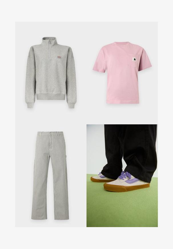 Lichtgrijze quarter-zip sweater met geribde manchetten en zoom, voorzien van een klein meerkleurig logovignet op de linkerborst.; Lichtroze T-shirt met korte mouwen en een borstzakje aan de linkerkant met een klein Carhartt-logo.; Herenbroek met rechte pijpen en dunne verticale zwart-witte strepen, met knoopsluiting, riemlussen en zijzakken.; Lichtbeige sneakers met paarse accenten, rubberen gumzool en platte veters. Draag ze met zwarte broeken, gepresenteerd op een groene gestructureerde ondergrond.
