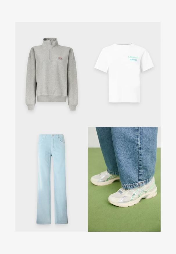 Vaaleanharmaa neljännesvetoketjullinen collegepaita, jossa on resorit hihansuissa ja helmassa, ja vasemmassa rinnassa pieni monivärinen logopainatus.; Valkoinen lyhythihainen pyöreäkauluksinen T-paita, jossa vasemmassa rinnassa vaaleansininen teksti "Ellesse Perugia".; Vaaleansiniset ribbineulospöksyt, joissa on suora lahkeen leikkaus, napillinen suljenta ja etutaskut, esitettynä yksinkertaisella valkoisella taustalla.; Valkoiset ja hopeiset verkkomatskivat kengät vihreillä yksityiskohdilla, jotka on yhdistetty väljien sinisten farkkujen kanssa ja jotka seisovat vihreällä matolla.