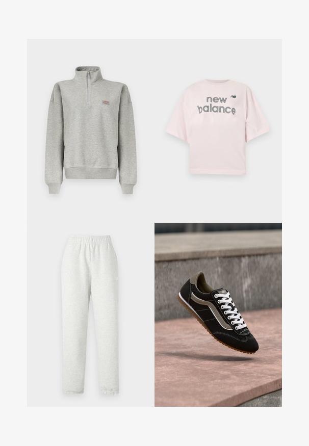 Sudadera gris claro con cremallera de un cuarto, puños y dobladillo acanalados, con un pequeño parche de logo multicolor en el pecho izquierdo.; Camiseta de manga corta de color rosa claro con el texto "new balance" y un pequeño logo "NB" en negro centrado en el pecho.; Pantalones de chándal gris claro con una cinturilla elástica, piernas cónicas y puños acanalados. Fabricados con un tejido suave y texturizado. Detalle del logo blanco en el lateral.; Zapatilla negra y beige con cordones blancos y suela de goma, flotando sobre una superficie de piedra y un fondo de hormigón gris.