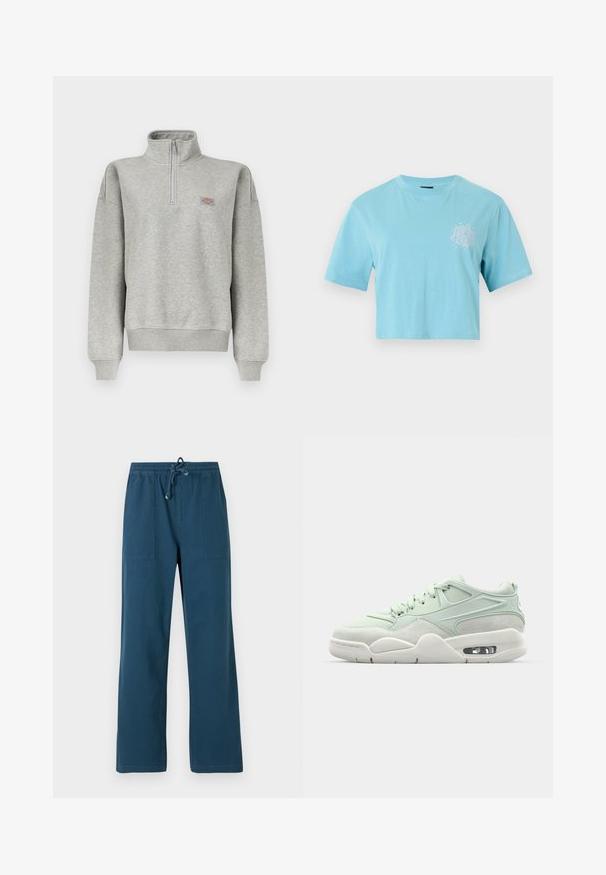 Sudadera gris claro con cremallera de un cuarto, puños y dobladillo acanalados, con un pequeño parche de logo multicolor en el pecho izquierdo.; Camiseta corta de manga corta en azul claro con cuello redondo y pequeño diseño abstracto blanco en el pecho izquierdo.; Pantalones azul oscuro de pierna recta con cintura elástica y cordón, con dos bolsillos de parche delanteros.; Zapatilla verde claro con una combinación de texturas de cuero suave y ante, que cuenta con un cuello acolchado, cordones y amortiguación de aire visible en la suela.