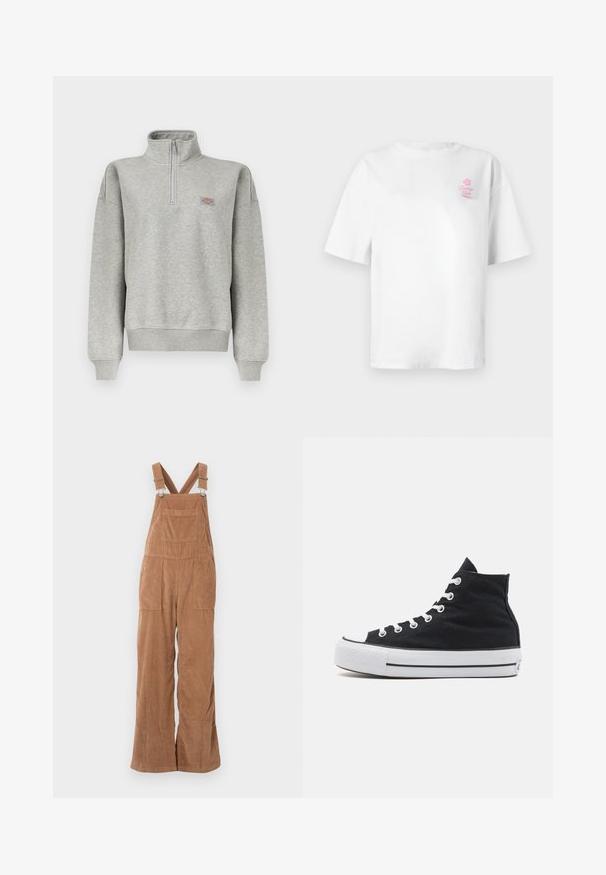 Sudadera gris claro con cremallera de un cuarto, puños y dobladillo acanalados, con un pequeño parche de logo multicolor en el pecho izquierdo.; Camiseta de algodón blanca con mangas cortas y cuello redondo, con un pequeño logo rosa de "Vacation Club" en el lado izquierdo del pecho.; Pantalones de tirantes de pana marrón con piernas anchas, tirantes ajustables y bolsillo frontal. Textura suave con patrón de acanalado vertical.; Zapatillas de lona altas en negro con puntera de goma blanca, cordones blancos y una parte superior texturizada en negro. Suela intermedia a rayas en blanco y negro.
