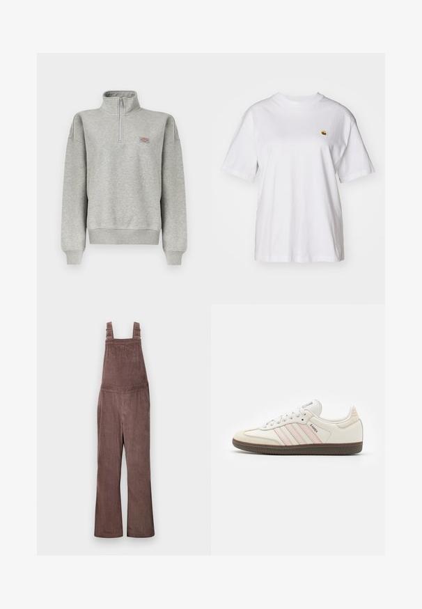 Lichtgrijze quarter-zip sweater met geribde manchetten en zoom, voorzien van een klein meerkleurig logovignet op de linkerborst.; Witte katoenen t-shirt met een relaxte pasvorm, korte mouwen en een klein geborduurd logo op de linkerborst.; Bruine corduroy tuinbroeken met verstelbare schouderbanden, wijde pijpen en verticale ribbelstructuur. Beschikt over zijzakken en een relaxte pasvorm.; Witte leren sneakers met roze accentstrepen, een rubberen bruine zool en een suède neuskap. Voorzien van veters en een merklabel op de tong.