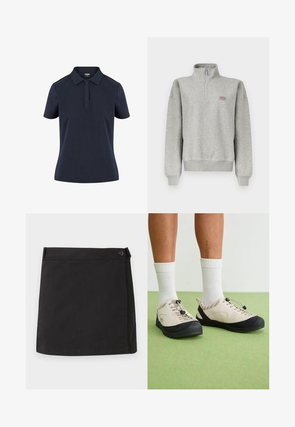 Lysegrå sweatshirt med kvart-lynlås, ribkant ved ærmer og kant, med en lille flerfarvet logopatch på venstre bryst.; Mørkeblå polo shirt lavet af blødt stof, med klassisk krave, tre-knaps placket og korte ærmer med en afslappet pasform.; Sort bomulds mininederdel med sidelukning med knapper og lige kant, vist fladt på hvid baggrund.; Beige sko med sorte accenter, mesh sidedele og et sikkert snørebånd. Tykk gummisål med mønstret slidbane. Båret med hvide sokker.