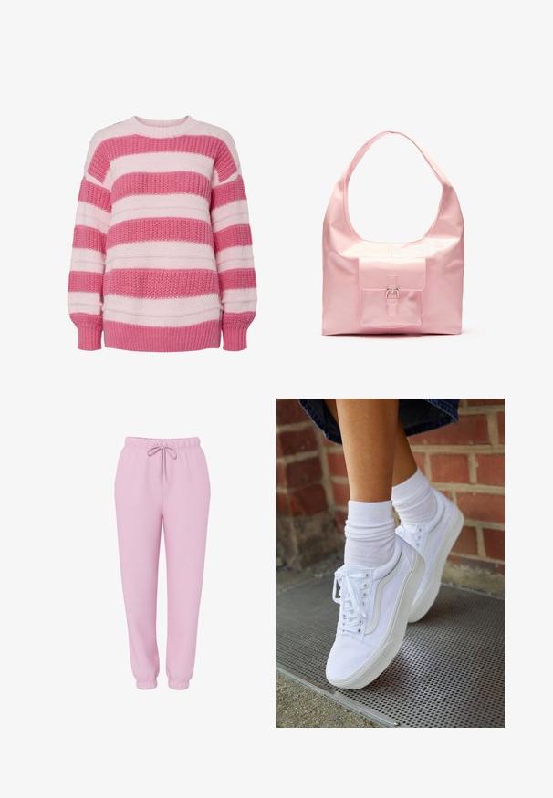 Suéter a rayas en rosa claro y rosa oscuro, hecho de un tejido texturizado, con cuello redondo y puños de canalé.; Pantalones de chándal tipo jogger rosa claro con cinturilla elástica, cordón ajustable, bolsillos laterales y puños elásticos, mostrados sobre un fondo blanco.; Zapatillas de lona blancas con suelas de goma, que presentan seis ojales, puntera redonda y detalles de costura ligera, combinadas con calcetines blancos hasta el tobillo.; Bolso de mano rosa con un acabado brillante, gran correa para el hombro, bolsillo delantero con un detalle decorativo de hebilla. Textura suave, diseño minimalista.