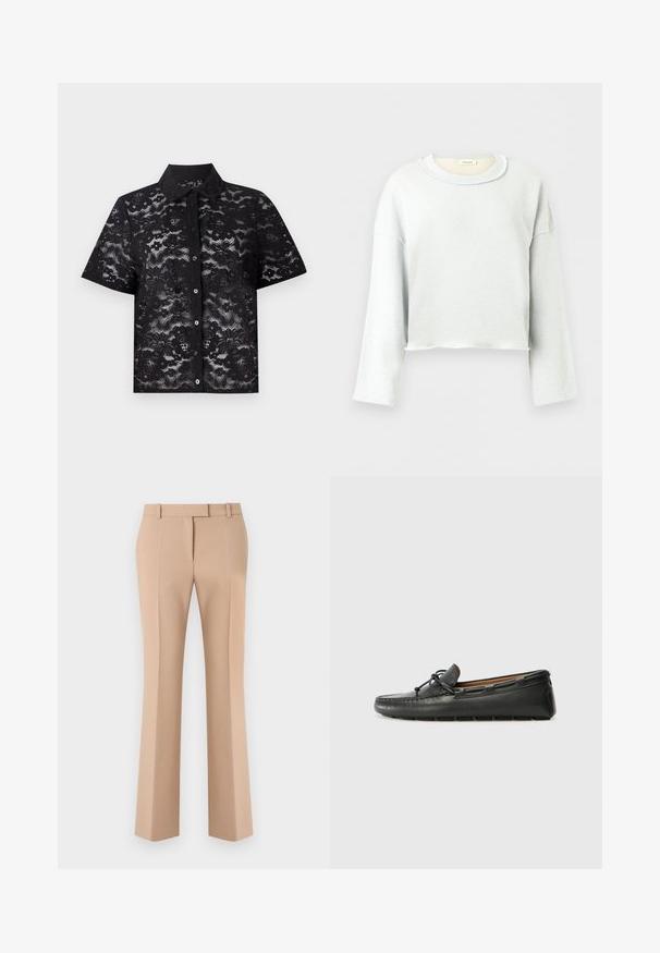 Lysegrå cropped sweatshirt med lange ærmer og rund halsudskæring, vist på en ensfarvet lys baggrund.; Sort kortærmet skjorte fremstillet af blonderstof med blomster mønstre, knaplukning og spidse krave. Semi-gennemsigtig tekstur.; Beige skræddersyede bukser med lige ben, bæltestropper og forreste pres, vist mod en hvid baggrund.; Sorte læder bådsko med afrundet tå, stikninger, lille sløjfedetalje og gummisål. Glat tekstur og strømlinet design.