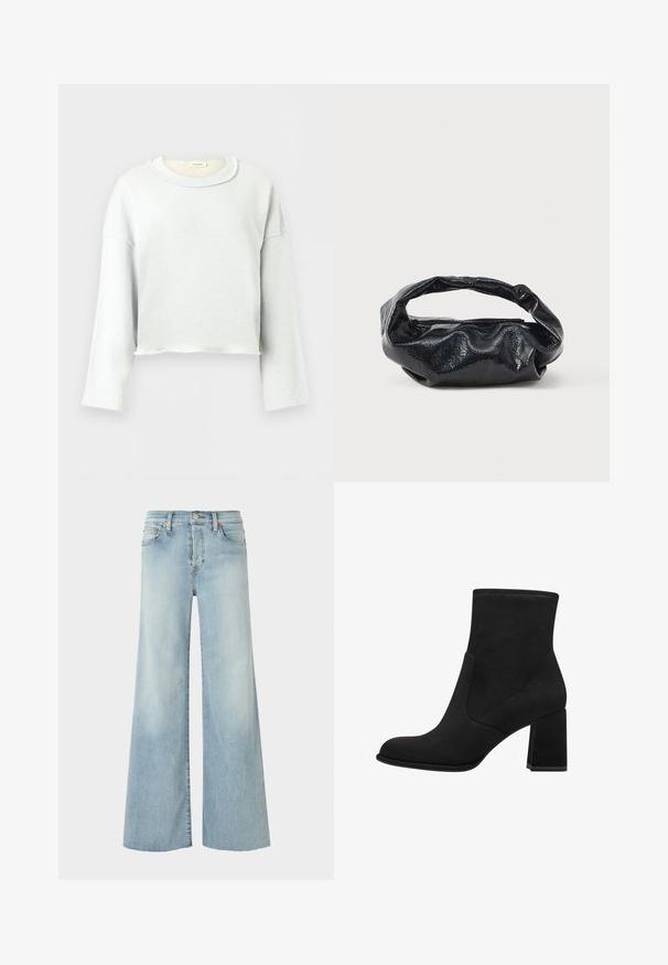 Lysegrå cropped sweatshirt med lange ærmer og rund halsudskæring, vist på en ensfarvet lys baggrund.; RE/DONE MID RISE PALAZZO - Jeans Relaxed Fit - blue denim; Sorte ankelstøvler med blokhæl, lavet af blødt suede. Har en rund tå og glatte sidestykker med syningsdetaljer.; Sort taske lavet af blankt, tekstureret materiale med et cirkulært, snoet håndtag og lynlås. Har et blødt, rynket design.