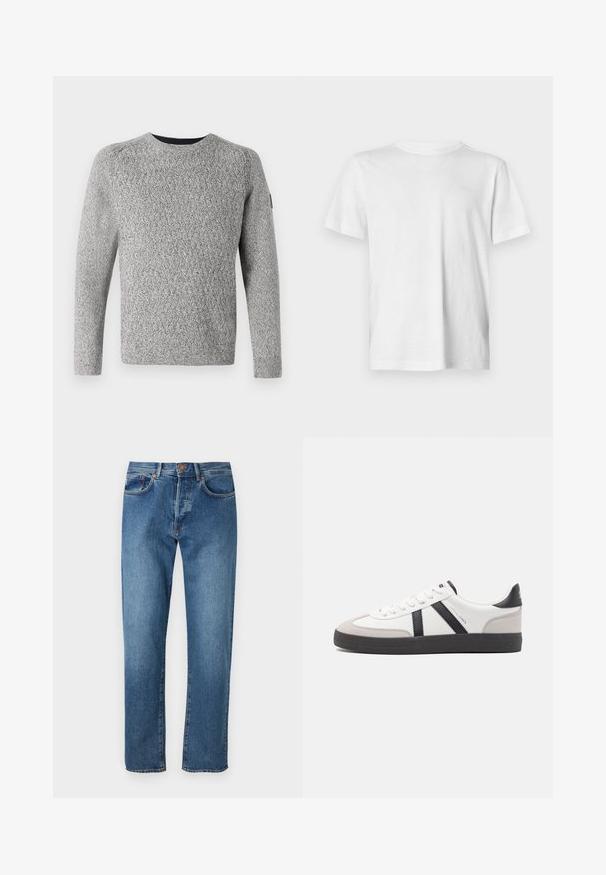 TOM TAILOR STRUCTURED MULTICOLOR CREW NECK - Džemper - beige/off white; Valge lühikeste varrukatega T-särk pehmest puuvillast, millel on ringkaelus ja õlgade vasakul küljel peenetundeline reljeefne logo.; Heledad sinine teksarihm, sirge jala disain, viis taskut, nupuga kinnitamine ja õrn fade'e ees.; Valged tossud mustade ja hallide aktsentidega, tekstureeritud halli varbakattega, musta kummitald ja lamedad valged paelad. Puhtad jooned, minimalistlik stiil.