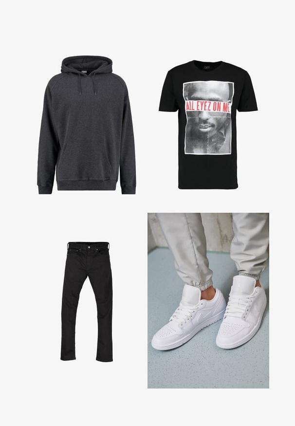 Dunkelgraues Kapuzenpullover aus weichem Stoff, mit einer Fronttasche, einem verstellbaren Kordelzug und gerippten Bündchen und Saum.; Schwarzes Baumwoll-T-Shirt mit einem grafischen Druck eines Gesichts und dem Text "ALL EYEZ ON ME" in fettem Rot. Kurze Ärmel und runder Halsausschnitt.; Schwarze Denim-Jeans mit geradem Bein, im Fünf-Taschen-Stil und mit Metallknopfverschluss. Glatte Textur und einheitliche Farbe im gesamten Material.; Weiße Ledersneaker mit perforierter Zehenbox, flachen Schnürsenkeln, gepolstertem Kragen und dem Jordan-Logo auf der Zunge. Getragen mit grauen Jogginghosen.