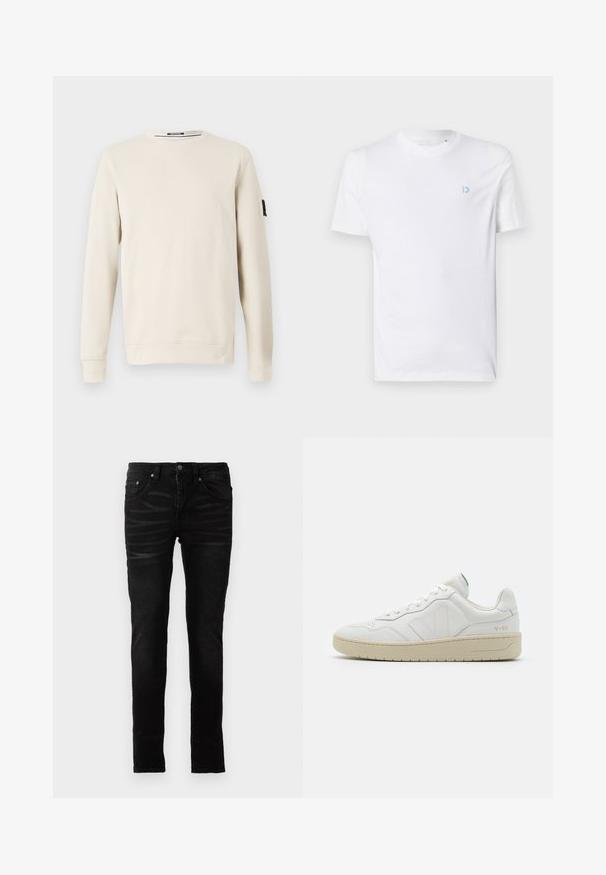 Beige Rundhals-Sweatshirt aus weichem Stoff, mit langen Ärmeln und einem kleinen schwarzen Logo-Akzent am linken Ärmel.; Weißes Baumwoll-T-Shirt mit rundem Halsausschnitt und kurzen Ärmeln, mit einem hellblauen Logo auf der linken Brust. Glatte Textur, schlichtes Design.; Schwarze Skinny-Jeans mit einer glatten Denim-Oberfläche, traditionellem Fünf-Taschen-Design, Reißverschluss und dezenten Ausbleichungen auf dem Stoff.; Weiße Leder-Sneaker mit strukturierter Oberfläche und gepolstertem Kragen. Sie verfügen über eine beigen Gummisohle und dezente Markenkennzeichnung an der Ferse und an der Seite.