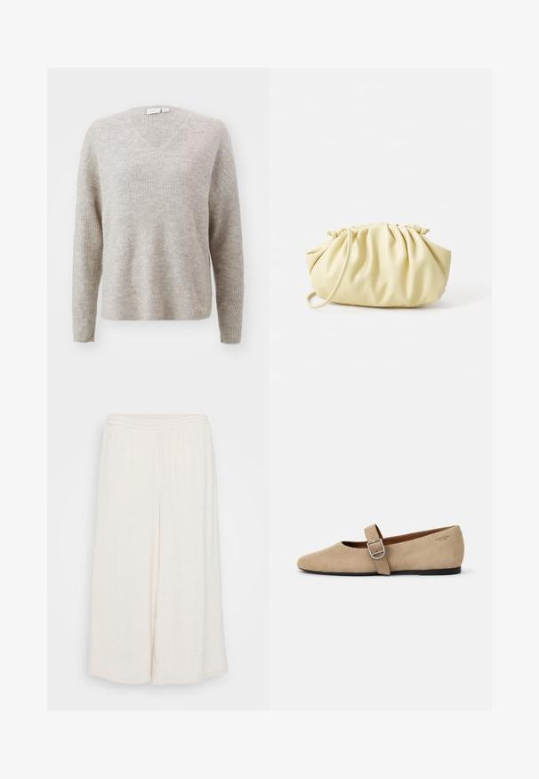 Beige v-hals trui gemaakt van gestructureerde ribgebreide stof, met lange mouwen en een ontspannen pasvorm. Algeheel zachte uitstraling met een subtiel patroon.; Witte linnen culottes met een elastische taille, brede benen en een textuur. Het kledingstuk heeft een losse, ontspannen pasvorm voor comfort.; Beige suède Mary Jane balletschoenen met een spitse neus en een enkele verstelbare band met een zilveren gesp. Zwarte platte zool.; Geel geplooide handtas van soepel nepleer, met een zachte vorm, een enkele schouderriem en een verzameld ontwerp aan de bovenkant.