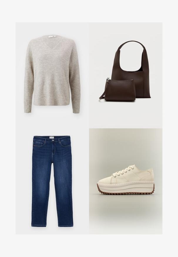 Beige v-hals sweater lavet af tekstureret ribbet stof, der har lange ærmer og en afslappet pasform. Generelt blød fremtoning med et subtilt mønster.; Mørkeblå denim jeans med lige pasform, fem-lomme design, synlige sømme og en metalknaplukning i taljen.; Kremfarvet platform sneakers med tyk hvid sål og brunt zigzag mønster, snørelukning og øvre materiale af lærred.; Brun syntetisk håndtaske med et buet håndtag og en glat tekstur. Inkluderer et matchende lille toilettaske med lynlås. Minimalistisk design.