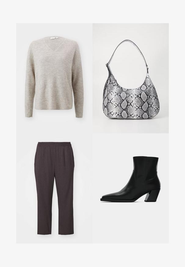 Pull à col en V beige en tissu côtelé texturé, avec des manches longues et une coupe décontractée. Apparence générale douce avec un motif subtil.; Pantalons gris foncé à taille élastique, avec des rayures verticales, une coupe fuselée, un tissu lisse et des poches latérales pour un design épuré.; Bottine en cuir noir avec un bout pointu, une silhouette élégante et un talon carré massif. Texture lisse avec des détails de couture minimalistes.; Sac à épaule en simili cuir noir et blanc avec imprimé serpent, de forme arrondie, texture lisse et bandoulière incurvée. Présente un accent en matériel argenté.
