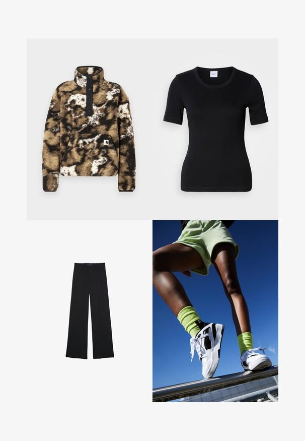 Fleece pullover i brun, sort og creme med en kvart lynlås, fire sort knaplukninger, frontlomme og logo patch på venstre nederste.; Sort t-shirt med korte ærmer fremstillet af blød bomuld. Har rund halsudskæring og en tætsiddende pasform med minimale syningsdetaljer.; Sorte bredbenede bukser lavet af et glat stof. Har en klassisk pasform, forlommer og en talje med knaplukning.; Hvide og sorte atletiske sneakers med strukturerede såler, parret med lysegrønne ribbede sokker. Baggrunden viser en klar blå himmel.