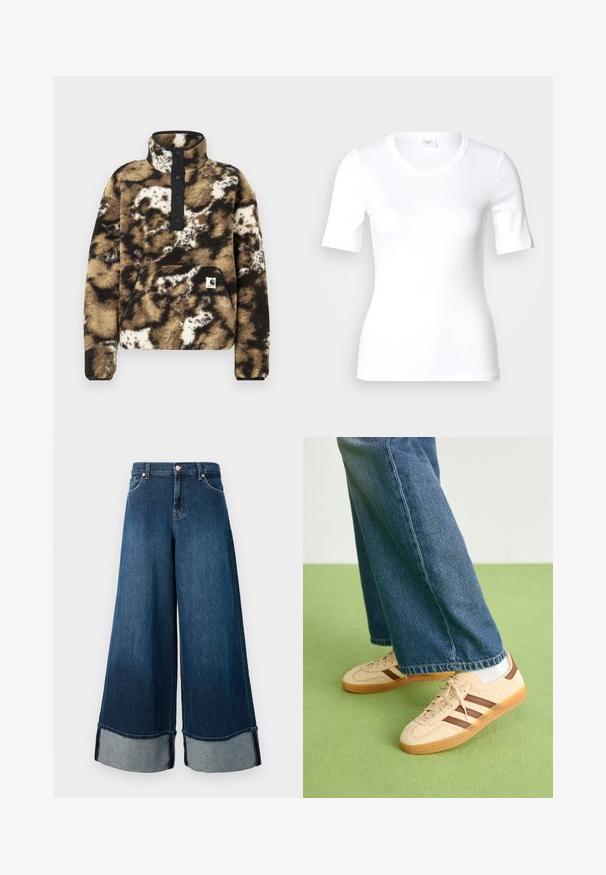 Fleece-pusero ruskeana, mustana ja kermaan värissä, neljän mustan napin placketilla, etutaskulla ja logo-tarralla alareunassa.; Valkoinen lyhythihainen t-paita, joka on valmistettu sileästä puuvillasta, pyöreällä pääntiellä ja istuvalla leikkauksella. Klassinen muotoilu, ilman kuvioita tai koristeita.; Hulluhousut tummassa pesussa, joissa on haalistunut viimeistely. Ominaisuuksina raaka helma ja vaaleampi farkkukaitale. Mukana etulaukut ja napitus.; Beige lenkkarit, joissa on tekstuuriset kerma-paneelit ja ruskeat raidat, yhdistettynä sinisiin farkkuihin. Farkut ovat leveät ja niissä on repaleinen helma.