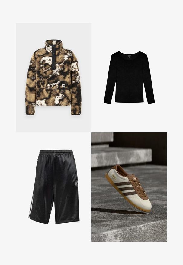 Fleece pullover i brun, sort og creme med en kvart lynlås, fire sort knaplukninger, frontlomme og logo patch på venstre nederste.; Sort langærmet skjorte med rund halsudskæring. Fremstillet af et glat, let stof. Ingen mønstre eller forskønnelser, enkelt design.; Sorte atletiske shorts lavet af glat stof, med elastisk talje og snor, sidelommer og tre hvide striber langs siderne.; Hvid og brun Adidas Gazelle-sneaker med gummisål svævende over stenetrin og jord i udendørs omgivelser.