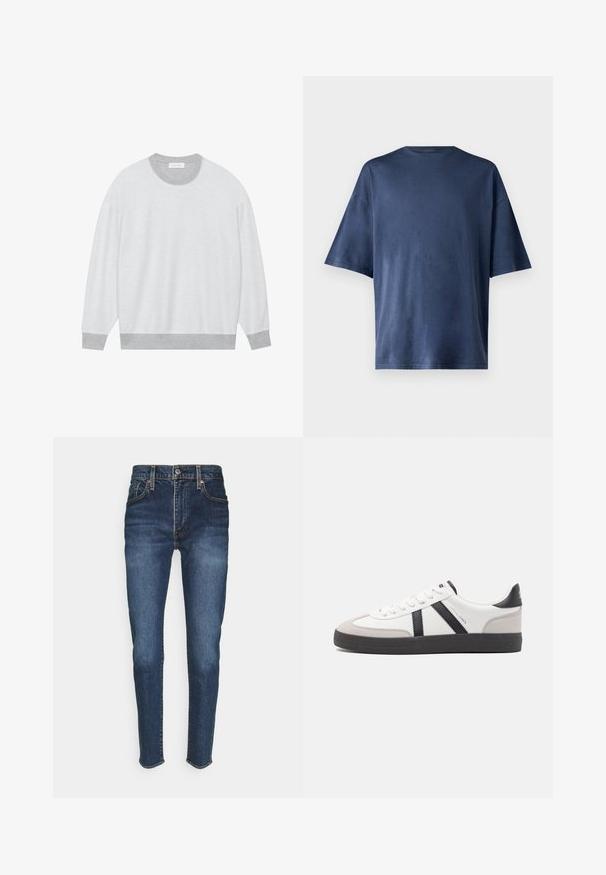 Grauer und weißer Sweatshirt mit rundem Ausschnitt, langen Ärmeln, gerippten Bündchen und einer strukturierten Stoffqualität. Minimalistisches Design, keine sichtbaren Logos.; Marineblaue Kurzarm-T-Shirt aus weichem Stoff, mit klassischen Rundhalsausschnitt und lockerer Passform, ohne sichtbare Muster oder Akzente.; Dunkelblaue Jeans aus Denim mit einer figurnahen Passform, fünf Taschen, einem Frontknopfverschluss und orangefarbenen Nähten.; Weiße Sneaker mit schwarz- und grau-aczenten, ausgestattet mit einer strukturierten grauen Zehenkappe, schwarzer Gummi-Sohle und flachen weißen Schnürsenkeln. Sauberes Design, minimalistische Stil.
