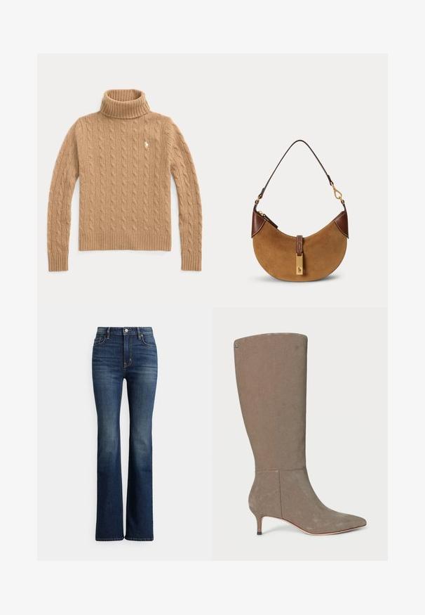 Camelkleurige kabelgebreide coltrui met lange mouwen en geribde boorden, met een klein geborduurd logo op de borst.; Donkerblauwe high-waist bootcut jeans met knoopsluiting aan de voorkant en zakken, lichte vervaging op de dijen en knieën, weergegeven tegen een witte achtergrond.; Grijze suède laarzen tot de knie met een spitse neus en een lage hak, voorzien van een strakke uitstraling en subtiele verticale naaddetails.; Bruine suède halve maan handtas met donkerbruine lederen accenten, goudkleurige hardware en een korte schouderriem.