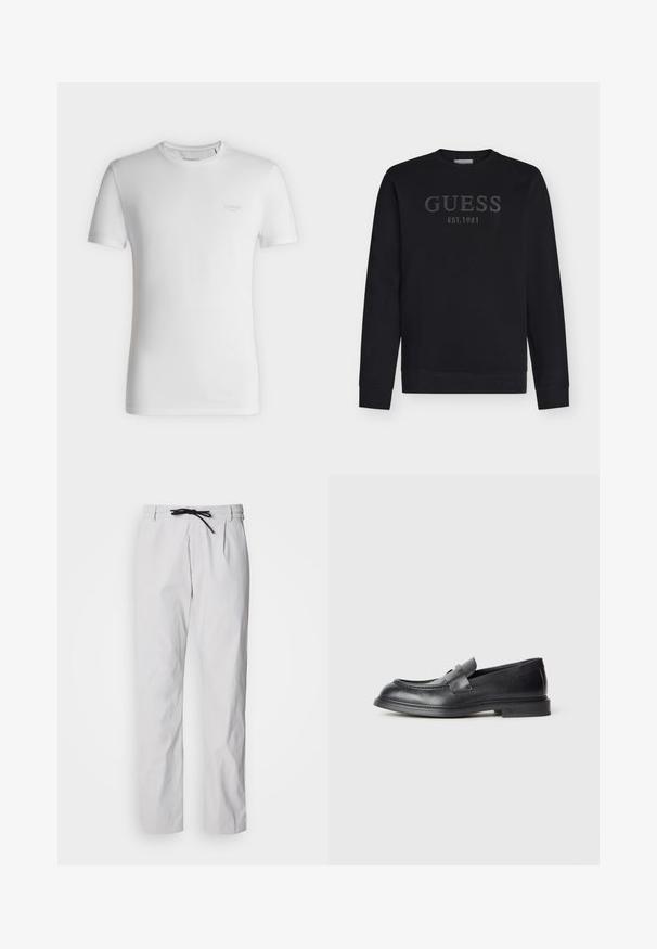 Sweat-shirt noir manches longues col rond avec « GUESS EST, 1981 » brodé sur la poitrine.; T-shirt blanc à manches courtes et col rond avec petit logo GUESS embossé sur le côté gauche de la poitrine, présenté sur un fond clair uni.; Pantalon fuselé en mélange de coton gris clair avec une taille à cordon de serrage. Dispose de plis à l'avant et de poches latérales pour plus de praticité.; Mocassins en cuir noir avec une finition texturée, dotés d'une bride décorative à l'avant et d'un bout arrondi. Semelle en caoutchouc pour plus de durabilité.