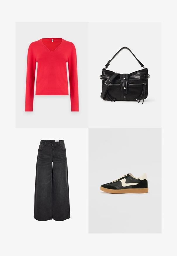 Rød, langærmet sweater med V-hals design, lavet af et blødt materiale, med en figursyet silhuet og ribbede kantdetaljer.; Bredde ben sorte denimshorts med høj talje, forlommer og subtil tekstur; designet til en afslappet pasform.; Sorte ruskinds- og lædersneakers med en cremefarvet side-swoosh og lys cremefarvet hæl. Har beige snørebånd og en gummirubber-sål.; Even&Odd H24462 - Håndtasker - black