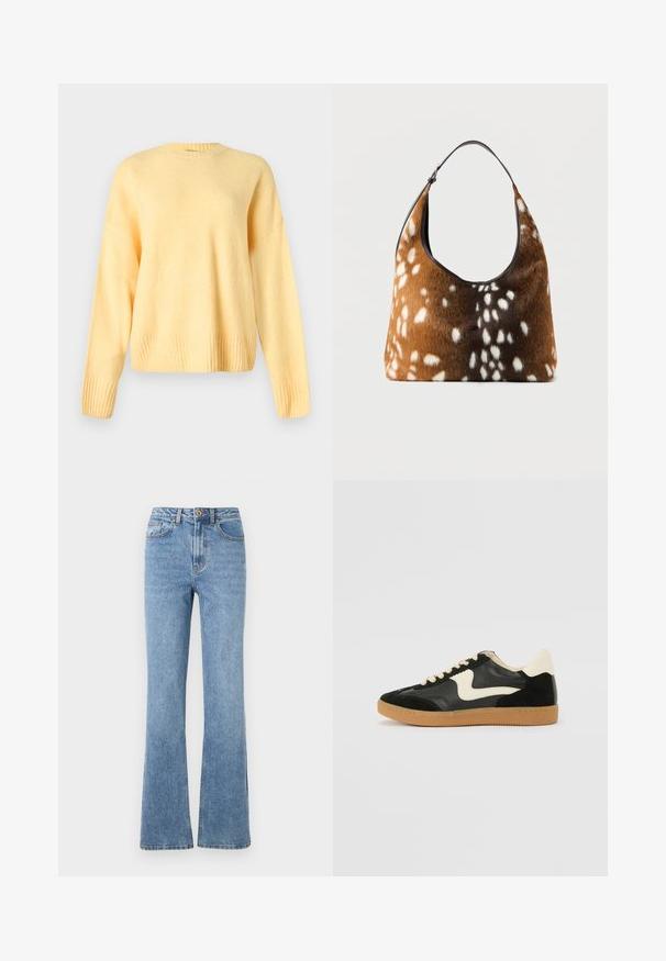 Zachte gele trui met lange mouwen, geribde ronde hals, manchetten en zoom, getoond op een effen lichtgrijze achtergrond.; Lichtblauwe denim jeans met een flare-pasvorm, hoge taille en minimale hardware. Kenmerken zijn de klassieke vijfzak-stijl en subtiele stiksels.; Zwarte suède en leren sneaker met een crèmekleurige zij-swoosh en lichte crèmekleurige hiel. Voorzien van beige veters en een gumrubberen zool.; Bruine en zwarte handtas met witte, gevlekte bonttextuur en een enkele zwarte schouderriem op een effen achtergrond.