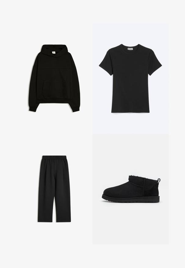 Zwarte hoodie met lange mouwen, voorzak in kangaroostijl en een klein merklabeltje binnenin de hals, plat liggend op een witte achtergrond.; Effen zwart T-shirt met korte mouwen en een ronde hals met een Weekday-merklabel in de kraag, getoond op een witte achtergrond.; Zwarte wijde broek met elastische tailleband en zijzakken, plat weergegeven op een witte achtergrond.; Zwarte suède enkellaarsjes met een zachte, gestructureerde voering, een lage rubberen zool en een lus aan de achterkant voor gemakkelijk aantrekken.
