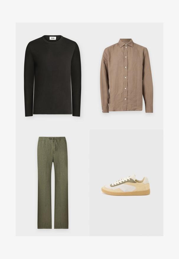 Chemise noire à manches longues avec col rond et une petite étiquette blanche portant la mention Drykorn à l'intérieur du col, présentée sur un fond clair.; Chemise marron à manches longues avec col, boutons blancs, et texture unie, présentée sur un fond gris clair.; Pantalon en lin vert olive avec jambes droites, taille élastique et cordon de serrage à l'avant.; Baskets basses en daim beige, panneaux en maille blanche, accents olive, lacets blancs et semelle en caoutchouc naturel sur fond gris clair.