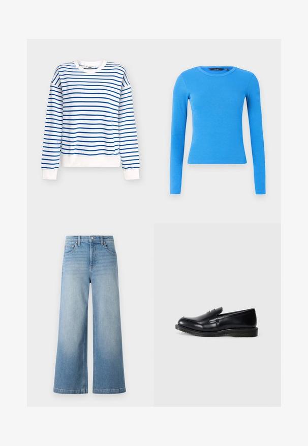Sweat-shirt rayé bleu et blanc avec un col rond, des poignets et un ourlet côtelés, fabriqué en tissu doux en mélange de coton.; Haut à manches longues côtelé ajusté bleu vif avec col rond sur fond clair uni.; Jean en denim bleu clair à jambes larges, taille haute, design à cinq poches, couture visible et fermeture à bouton à l'avant.; Mocassin en cuir noir, avec une finition lisse, un embout arrondi et des détails cousus sur le dessus, doté d'une semelle en caoutchouc texturé pour une meilleure adhérence.