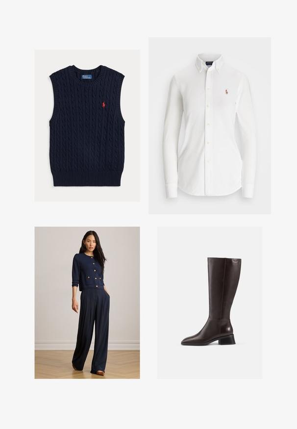 Mørkeblå ærmeløs sweater med kabelstrikket tekstur, ribbet halsudskæring og kant, med et lille rødt logo på brystet.; Hvid langærmet skjorte med knapper og spids krave, lavet af bomuld. Har et lille broderet logo på venstre bryst.; Kvinde iført navyblå knappet cardigan med guldknapper og vide bukser, stående på trægulv mod en ensfarvet væg.; Brune læderstøvler til knæene med en glat overflade, rund tå og en stablet sort hæl. Simpelt design med minimale hardwaredetaljer.