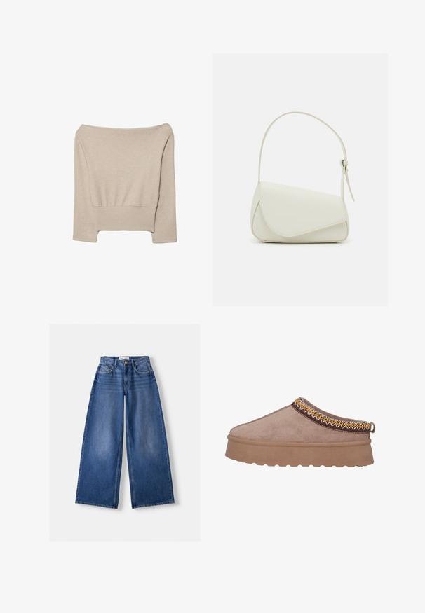 Beige, schulterfreier Strickpullover mit geripptem Saum, dreiviertellangen Ärmeln und lockerer Passform aus weichem Material.; Weit geschnittene blaue Denim-Jeans mit Vordertaschen, Gürtelschlaufen und Knopfverschluss, flach auf hellem Hintergrund liegend.; Braune Wildlederschlupfschuhe mit einer dicken, strukturierten Sohle, die eine kunstvolle gelbe und braune Stickerei entlang des oberen Randes aufweisen.; Weiße Kunstleder-Handtasche mit einer strukturierten dreieckigen Form, einem verstellbaren Einzelgurt und einem Klappenverschluss mit geschwungenen Akzenten.