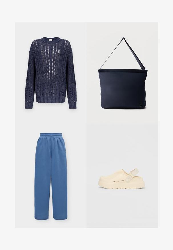 Pull tricoté bleu marine avec un tissage lâche et ouvert et un ourlet côtelé. Manches longues et col rond. Présente un design léger et texturé.; Pantalon en polaire bleu doux avec une taille élastique et des jambes larges et droites, présenté sur un fond clair uni.; Chaussure beige à enfiler en matériau souple, avec un bout arrondi, une tige texturée et une bride arrière pour un maintien sécurisé. Semelle épaisse rainurée.; Sac d'épaule rectangulaire bleu marine avec sangle noire réglable et petite étiquette logo noire en bas à droite.