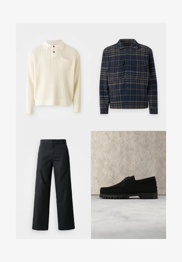 Pull en tricot couleur crème clair avec un motif texturé, patte de boutonnage à deux boutons et poche poitrine. Il possède des poignets et un ourlet côtelés.; Chemise-veste à carreaux bleu marine et marron avec boutons, deux poches poitrine à rabat, col classique, manches longues et ourlet droit.; Pantalon noir à jambes larges en coton. Doté d'une fermeture à bouton, de passants de ceinture et de poches latérales. Texture lisse avec une coupe ajustée.; Chaussure noire à lacets avec semelle épaisse à nervures flottant au-dessus d'un tapis beige, table ronde moderne marron en arrière-plan dans une pièce à éclairage doux.