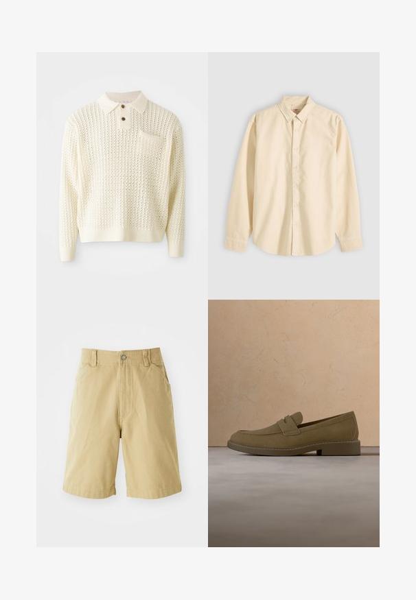 Pull en tricot couleur crème clair avec un motif texturé, patte de boutonnage à deux boutons et poche poitrine. Il possède des poignets et un ourlet côtelés.; Chemise beige à manches longues avec col et boutons, présentée à plat avec les boutons fermés et les poignets boutonnés sur un fond clair.; Shorts kaki en coton, avec une fermeture éclair, une patte de boutonnage, deux poches latérales et une coupe décontractée. Texture lisse, design à longueur de genoux.; Mocassin en daim marron flottant au-dessus d'un tapis beige texturé dans un salon avec une table basse en bois et des livres empilés.