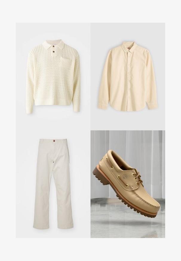 Suéter de punto color crema claro con un patrón texturizado, tapeta de dos botones y un bolsillo en el pecho. Presenta puños y dobladillo acanalados.; Camisa beige de manga larga con botones y cuello, mostrada plana con los botones abrochados y los puños cerrados sobre un fondo claro.; Pantalones de algodón beige con un diseño de pierna recta, que cuentan con un cierre frontal de botón, pasadores para cinturón y bolsillos estándar. Textura suave.; Zapato náutico de cuero marrón claro con suela gruesa y estriada y detalles de cordones, flotando sobre un suelo de mármol y un fondo de persianas verticales blancas.