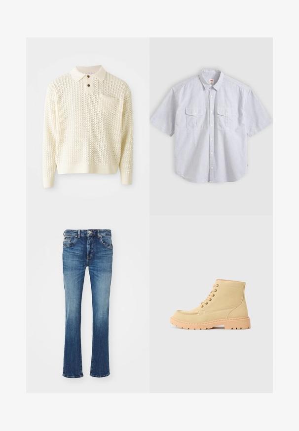 Suéter de punto color crema claro con un patrón texturizado, tapeta de dos botones y un bolsillo en el pecho. Presenta puños y dobladillo acanalados.; Camisa de manga corta con rayas verticales en gris claro y blanco, con botones al frente, dos bolsillos con solapa delanteros y cuello clásico.; Vaqueros de denim, lavado azul claro, diseño de pierna acampanada, cinco bolsillos, cierre con botón de metal y cremallera, patrones de desvanecimiento sutil, estilo casual.; Botas de tobillo de ante beige con suela de goma beige, que presentan un diseño de cordones y costuras visibles a lo largo de los bordes.