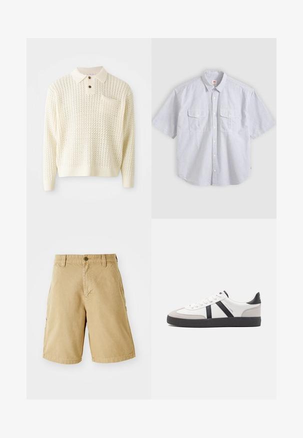 Pull en tricot couleur crème clair avec un motif texturé, patte de boutonnage à deux boutons et poche poitrine. Il possède des poignets et un ourlet côtelés.; Chemise à manches courtes, rayures verticales grises claires et blanches, boutonnée sur le devant, avec deux poches à rabat et un col classique.; Shorts cargo en coton beiges avec poches frontales et latérales, passants de ceinture et fermeture à bouton métallique. Coupe droite et design à hauteur des genoux.; Baskets blanches avec des accents noirs et gris, présentant un embout texturé gris, une semelle en caoutchouc noir et des lacets plats blancs. Design épuré, style minimaliste.