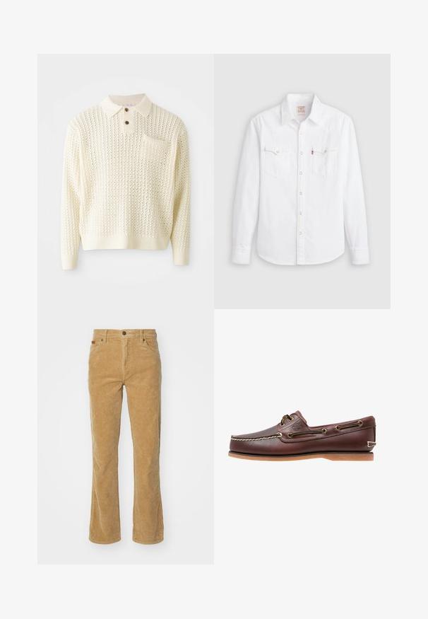 Pull en tricot couleur crème clair avec un motif texturé, patte de boutonnage à deux boutons et poche poitrine. Il possède des poignets et un ourlet côtelés.; Chemise blanche à manches longues avec col pointu, deux poches poitrine avec rabats, et boutons-pression sur le devant et aux poignets.; Pantalons en velours côtelé beige avec une coupe évasée, présentant un tissage vertical, une fermeture à bouton et des poches avant.; Chaussure bateau en cuir marron avec coutures blanches, détails de lacets et semelle en caoutchouc beige, vue de côté sur fond blanc.