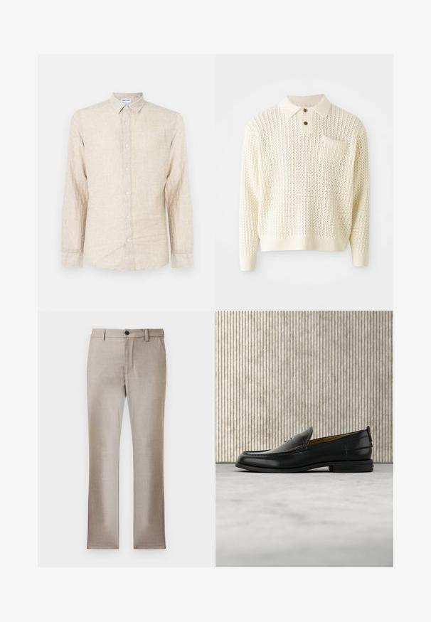 Lichte crème gebreide pullover met een textuurpatroon, een placket met twee knopen en een borstzak. Heeft geribbelde manchetten en een zoom.; Beige overhemd met lange mouwen, gemaakt van gestructureerde stof, met een klassieke kraag, knoopsluiting en een ontspannen pasvorm.; Beige op maat gemaakte broeken van een gladde, lichte stof, met een ritssluiting en knoopsluiting. Voorzien van twee zijzakken en een slim recht gesneden ontwerp.; Zwarte leren herenslipper met een krokodillen-embossed voorblad en een lage hak, zij-aanzicht op een neutrale achtergrond.