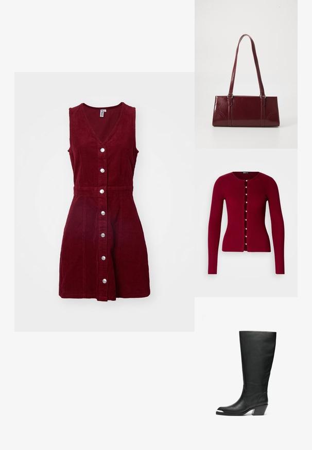 Cardigan rouge à côtes avec un col rond, présentant une série de boutons en perles et des découpes sur le devant. Manches longues.; ONLY ONLMOXIE DRESS - Robe de jour - cabernet; Bottes noires en cuir hautes avec une pointe fermée et un design découpé. Elles présentent un talon épais et une texture lisse. Les détails sur les panneaux latéraux sont remarquables.; Sac à main bordeaux en matériau brillant, de forme rectangulaire, avec deux anses et des accents légèrement courbés à l'avant.