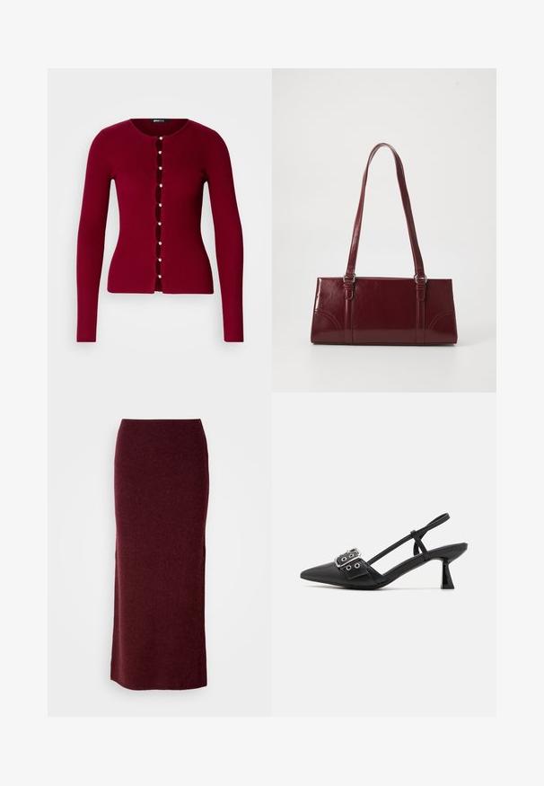 Cardigan rouge à côtes avec un col rond, présentant une série de boutons en perles et des découpes sur le devant. Manches longues.; Jupe maxi en laine bordeaux avec une silhouette ajustée, une texture lisse et un ourlet droit. Sans fermetures ou embellissements visibles.; Simmi London DALA - Escarpins - black; Sac à main bordeaux en matériau brillant, de forme rectangulaire, avec deux anses et des accents légèrement courbés à l'avant.