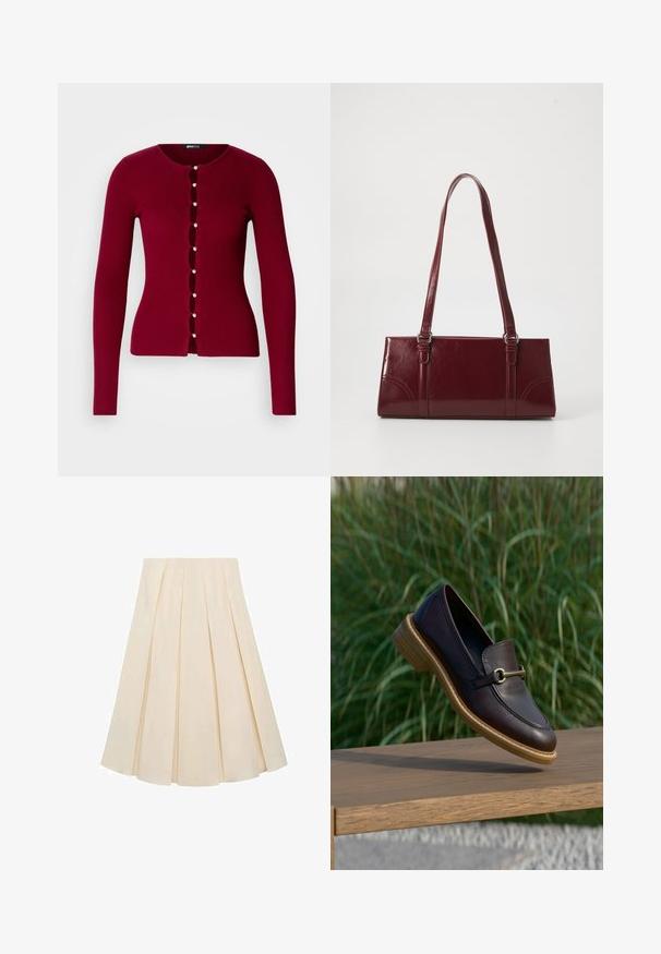 Rode geribde cardigan met een ronde halslijn, voorzien van een reeks parelknoopjes en uitsnijdingen aan de voorkant. Lange mouwen.; Plisseerok van crèmekleurige stof; heeft een zachte textuur, een middellange ontwerp en symmetrische plooien die zich uitstrekken van de tailleband tot de zoom.; Donkerbruine leren loafer met houten zool en gouden metalen detail, hangend boven een houten bank met groene grasachtergrond.; Bourgondische handtas van glanzend materiaal, rechthoekige vorm, met twee schouderbanden en subtiele gebogen accenten aan de voorkant.