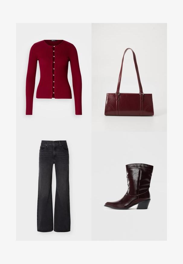 Cardigan rouge à côtes avec un col rond, présentant une série de boutons en perles et des découpes sur le devant. Manches longues.; Jean noir taille haute à jambes larges avec bouton avant, fermeture éclair, passants de ceinture et style cinq poches sur un fond uni.; Bottines en cuir bourgogne avec un bout pointu, une surface texturée et un petit talon effilé. Présente une couture discrète et un ajustement confortable.; Sac à main bordeaux en matériau brillant, de forme rectangulaire, avec deux anses et des accents légèrement courbés à l'avant.